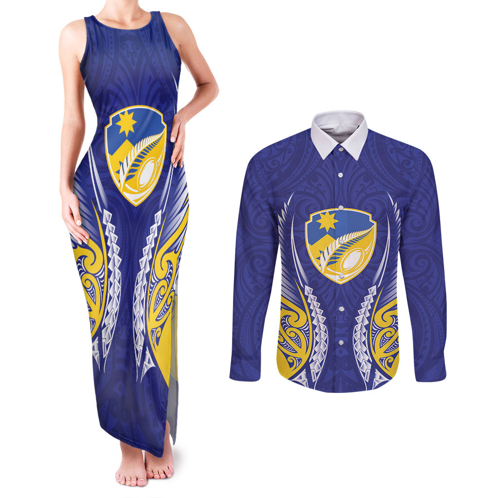 Otago 2026 Rugby Custom Couples Matching Tank Maxi Dress and Long Sleeve Button Shirt NZ Maori Silver Fern LT14 Blue - Polynesian Pride