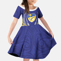 Otago 2026 Rugby Custom Family Matching Off The Shoulder Long Sleeve Dress and Hawaiian Shirt NZ Maori Silver Fern LT14 Daughter's Dress Blue - Polynesian Pride