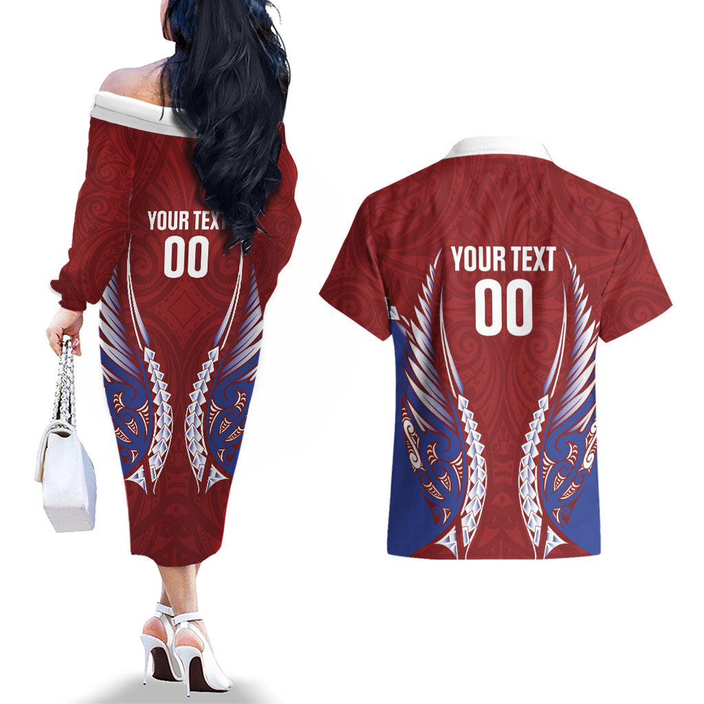 Southland 2026 Rugby Custom Couples Matching Off The Shoulder Long Sleeve Dress and Hawaiian Shirt NZ Maori Silver Fern LT14 - Polynesian Pride