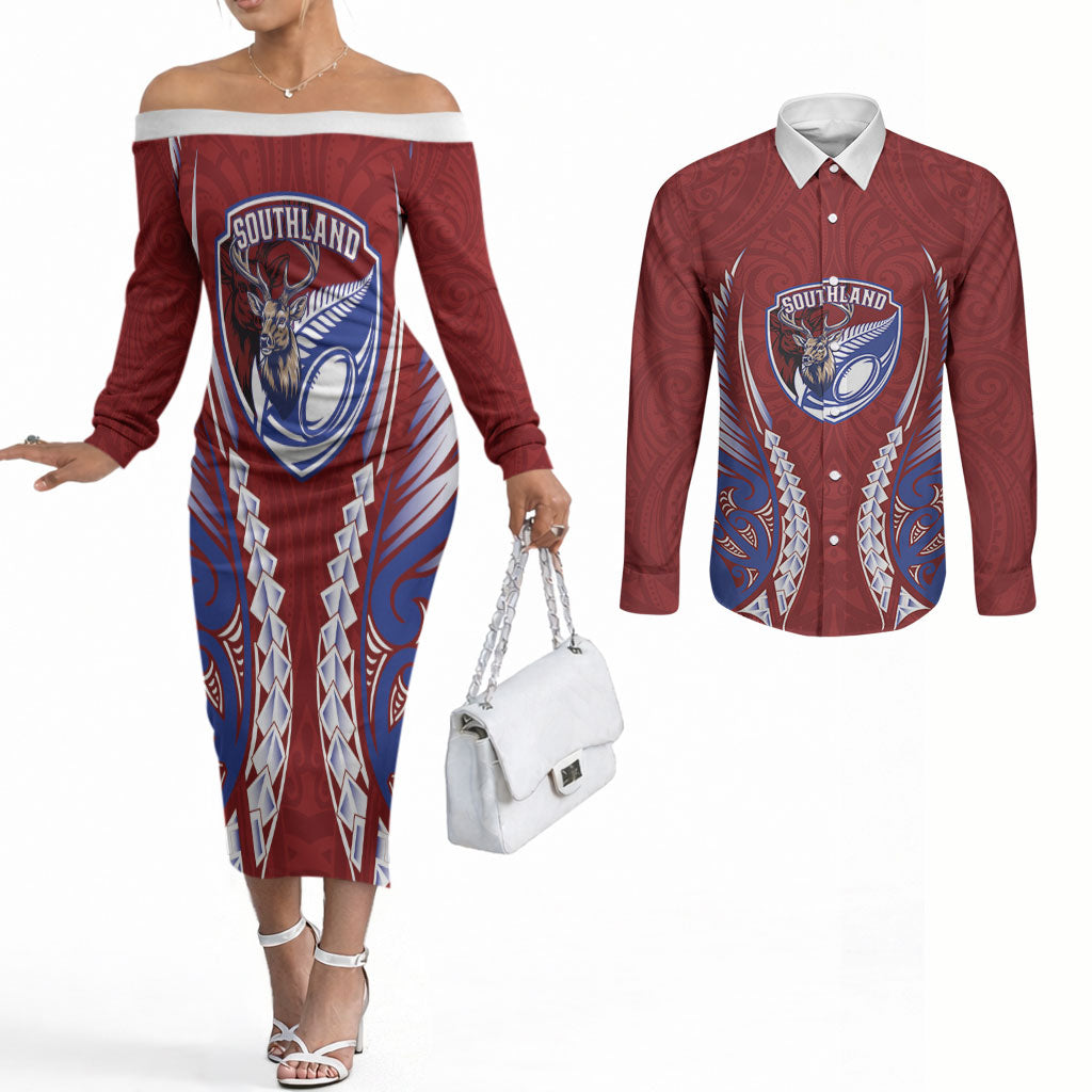 Southland 2026 Rugby Custom Couples Matching Off The Shoulder Long Sleeve Dress and Long Sleeve Button Shirt NZ Maori Silver Fern LT14 Maroon - Polynesian Pride