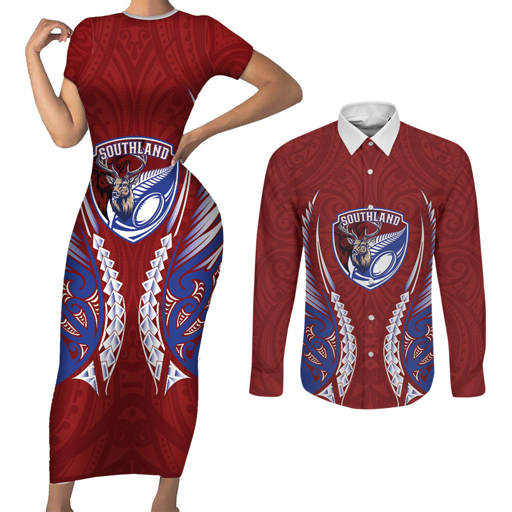 Southland 2026 Rugby Custom Couples Matching Short Sleeve Bodycon Dress and Long Sleeve Button Shirt NZ Maori Silver Fern LT14 Maroon - Polynesian Pride