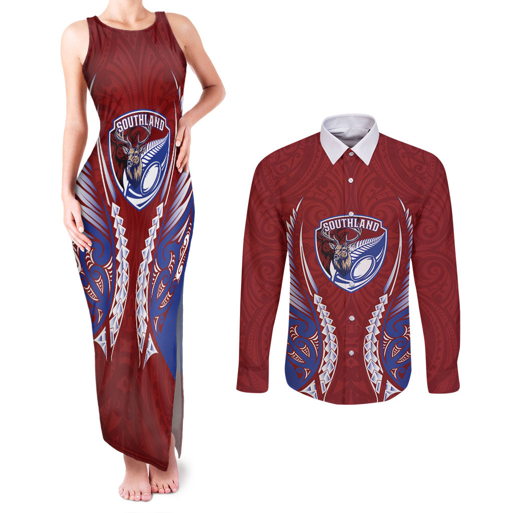 Southland 2026 Rugby Custom Couples Matching Tank Maxi Dress and Long Sleeve Button Shirt NZ Maori Silver Fern LT14 Maroon - Polynesian Pride