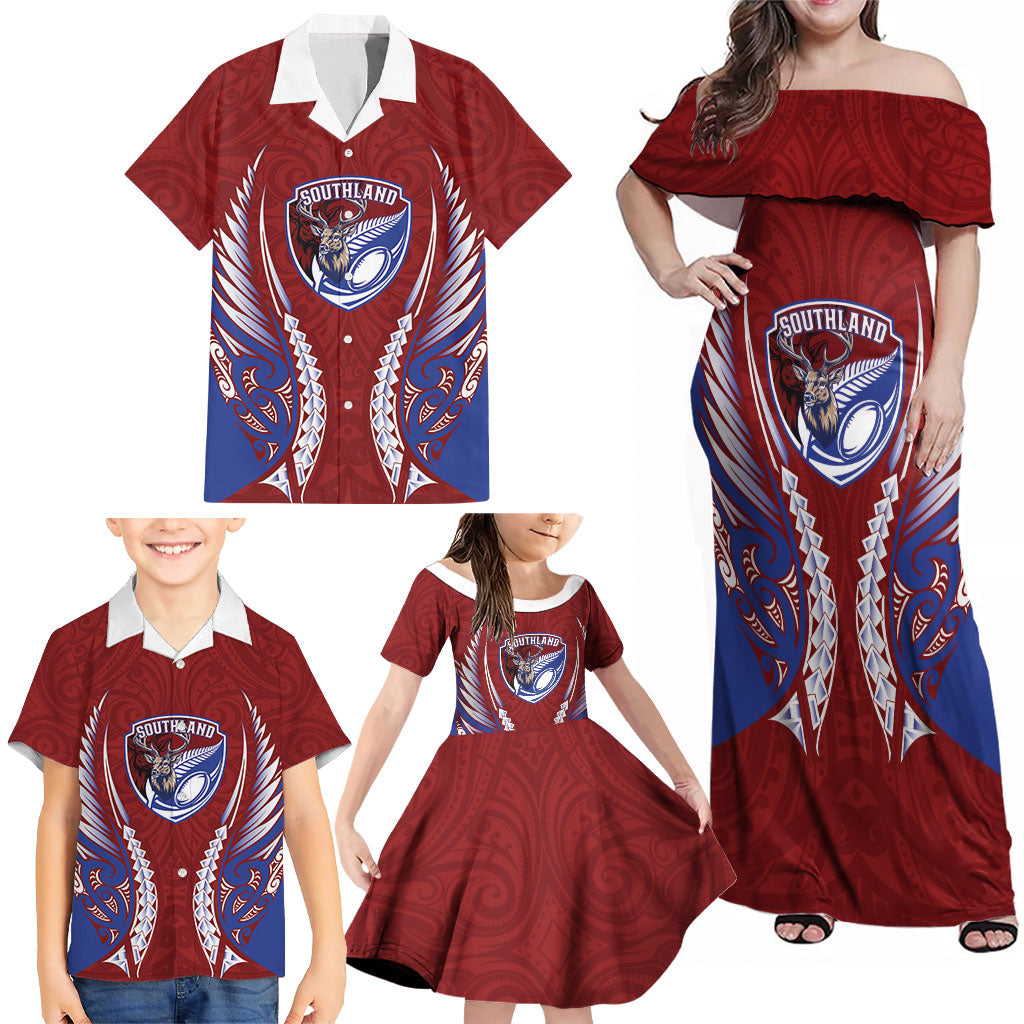 Southland 2026 Rugby Custom Family Matching Off Shoulder Maxi Dress and Hawaiian Shirt NZ Maori Silver Fern LT14 - Polynesian Pride