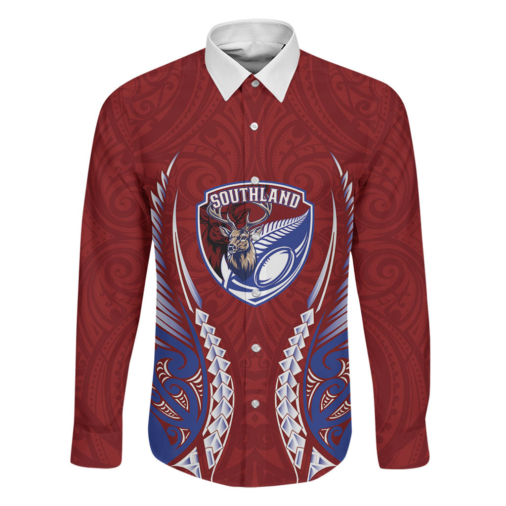 Southland 2026 Rugby Custom Family Matching Off Shoulder Short Dress and Hawaiian Shirt NZ Maori Silver Fern LT14 Dad's Shirt - Long Sleeve Maroon - Polynesian Pride