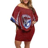 Southland 2026 Rugby Custom Family Matching Off Shoulder Short Dress and Hawaiian Shirt NZ Maori Silver Fern LT14 Mom's Dress Maroon - Polynesian Pride