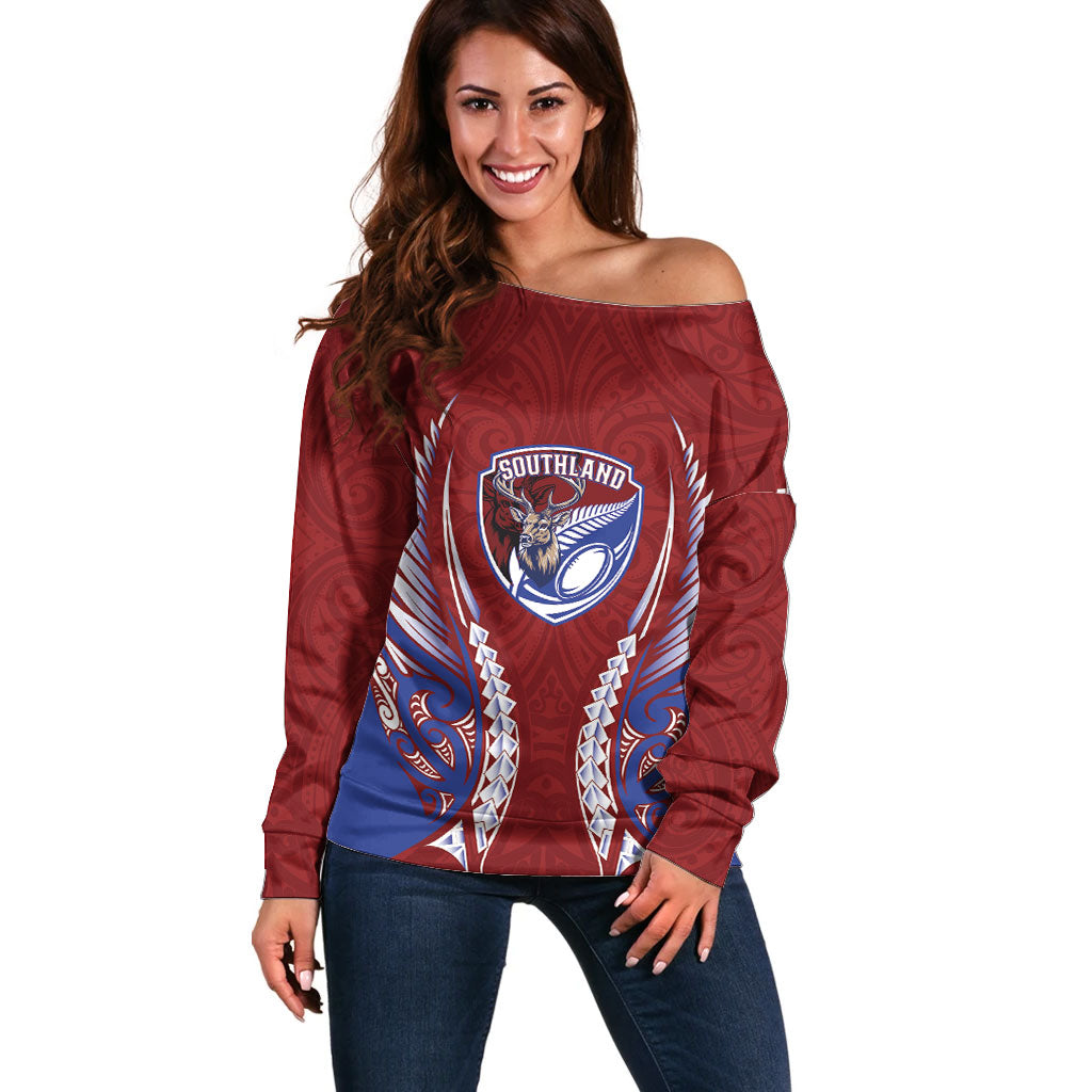 Southland 2026 Rugby Custom Off Shoulder Sweater NZ Maori Silver Fern LT14 Women Maroon - Polynesian Pride