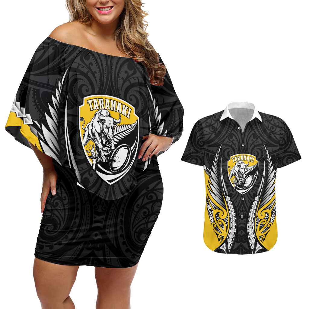 Taranaki 2026 Rugby Custom Couples Matching Off Shoulder Short Dress and Hawaiian Shirt NZ Maori Silver Fern