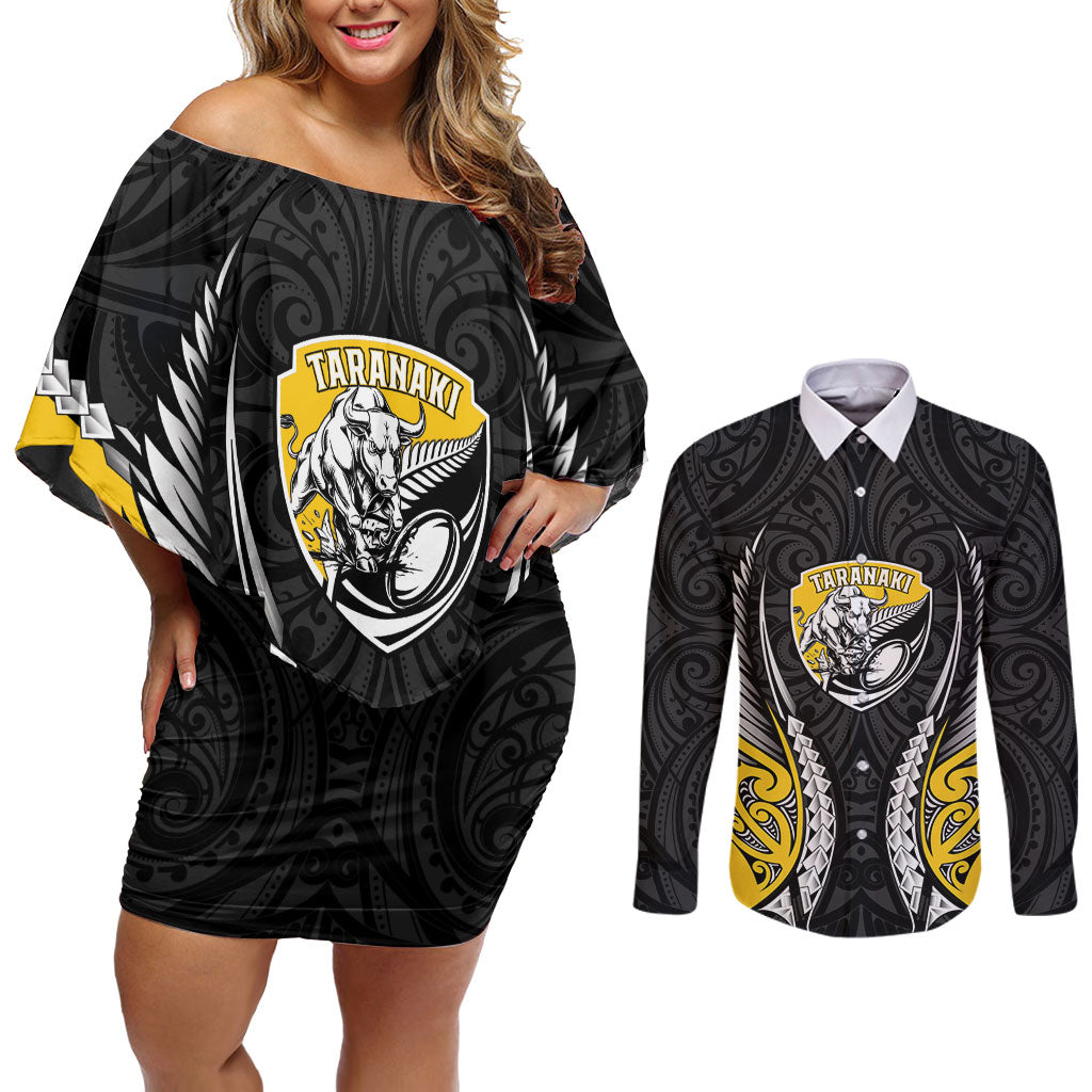 Taranaki 2026 Rugby Custom Couples Matching Off Shoulder Short Dress and Long Sleeve Button Shirt NZ Maori Silver Fern