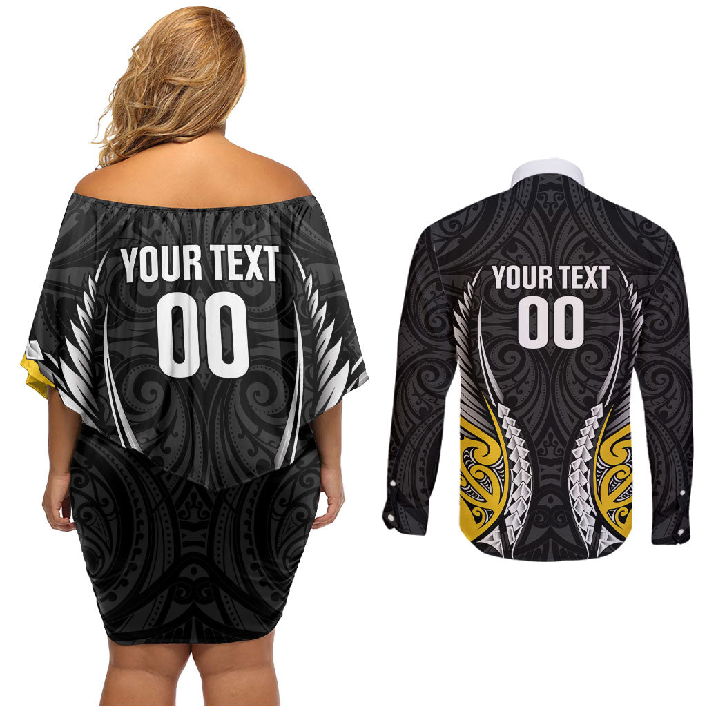 Taranaki 2026 Rugby Custom Couples Matching Off Shoulder Short Dress and Long Sleeve Button Shirt NZ Maori Silver Fern