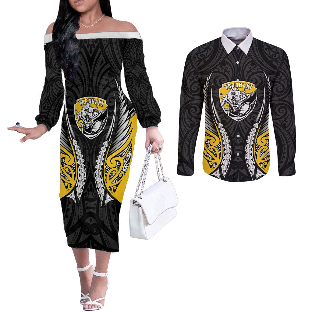 Taranaki 2026 Rugby Custom Couples Matching Off The Shoulder Long Sleeve Dress and Long Sleeve Button Shirt NZ Maori Silver Fern LT14 Black - Polynesian Pride