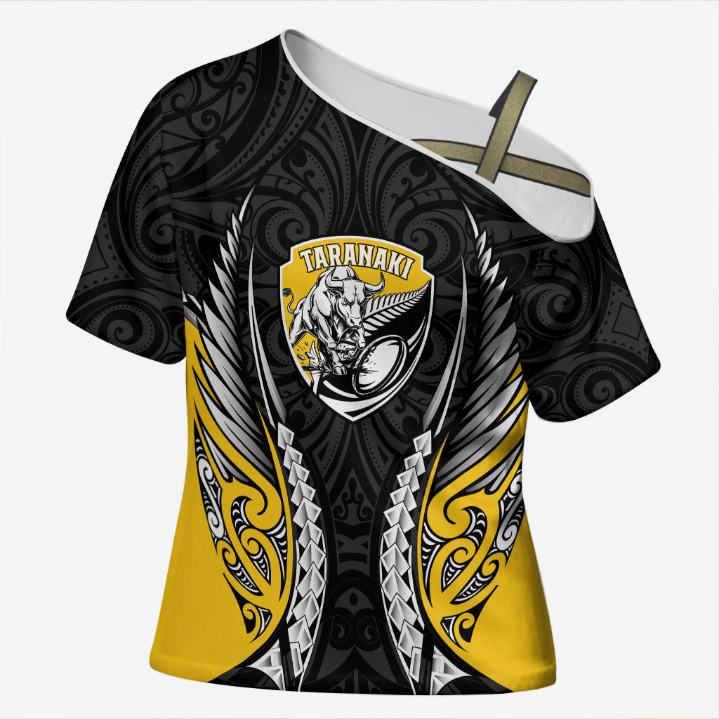 Taranaki 2026 Rugby Custom Cross Shoulder Shirt NZ Maori Silver Fern LT14 Female Black - Polynesian Pride