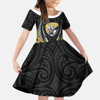 Taranaki 2026 Rugby Custom Family Matching Off Shoulder Maxi Dress and Hawaiian Shirt NZ Maori Silver Fern LT14 Daughter's Dress Black - Polynesian Pride