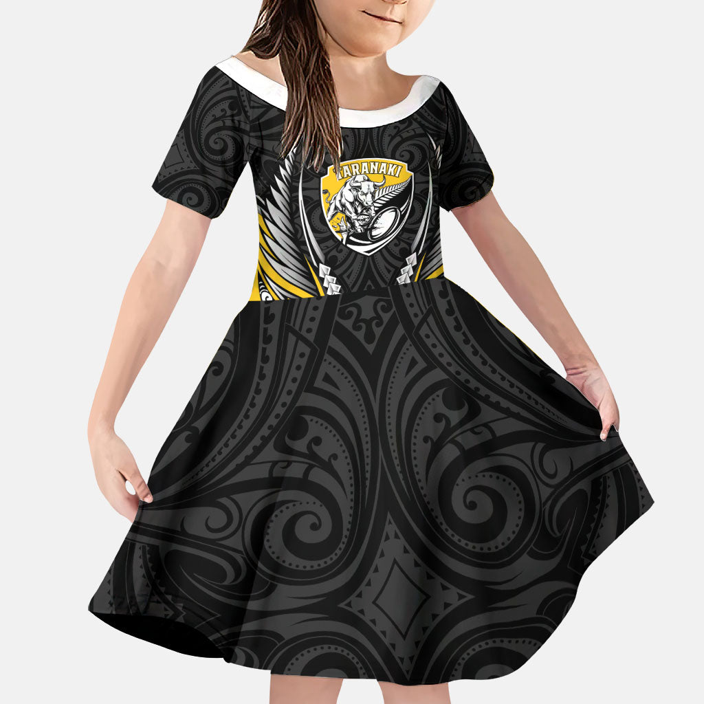 Taranaki 2026 Rugby Custom Family Matching Off Shoulder Short Dress and Hawaiian Shirt NZ Maori Silver Fern LT14 Daughter's Dress Black - Polynesian Pride