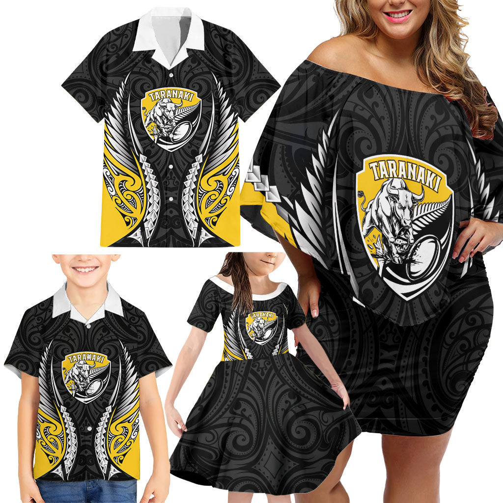 Taranaki 2026 Rugby Custom Family Matching Off Shoulder Short Dress and Hawaiian Shirt NZ Maori Silver Fern LT14 - Polynesian Pride