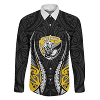 Taranaki 2026 Rugby Custom Family Matching Off Shoulder Short Dress and Hawaiian Shirt NZ Maori Silver Fern LT14 Dad's Shirt - Long Sleeve Black - Polynesian Pride