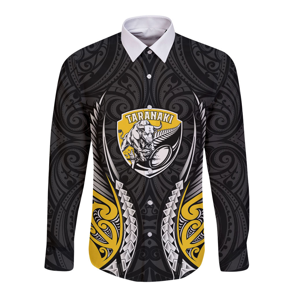 Taranaki 2026 Rugby Custom Long Sleeve Button Shirt NZ Maori Silver Fern LT14 Unisex Black - Polynesian Pride