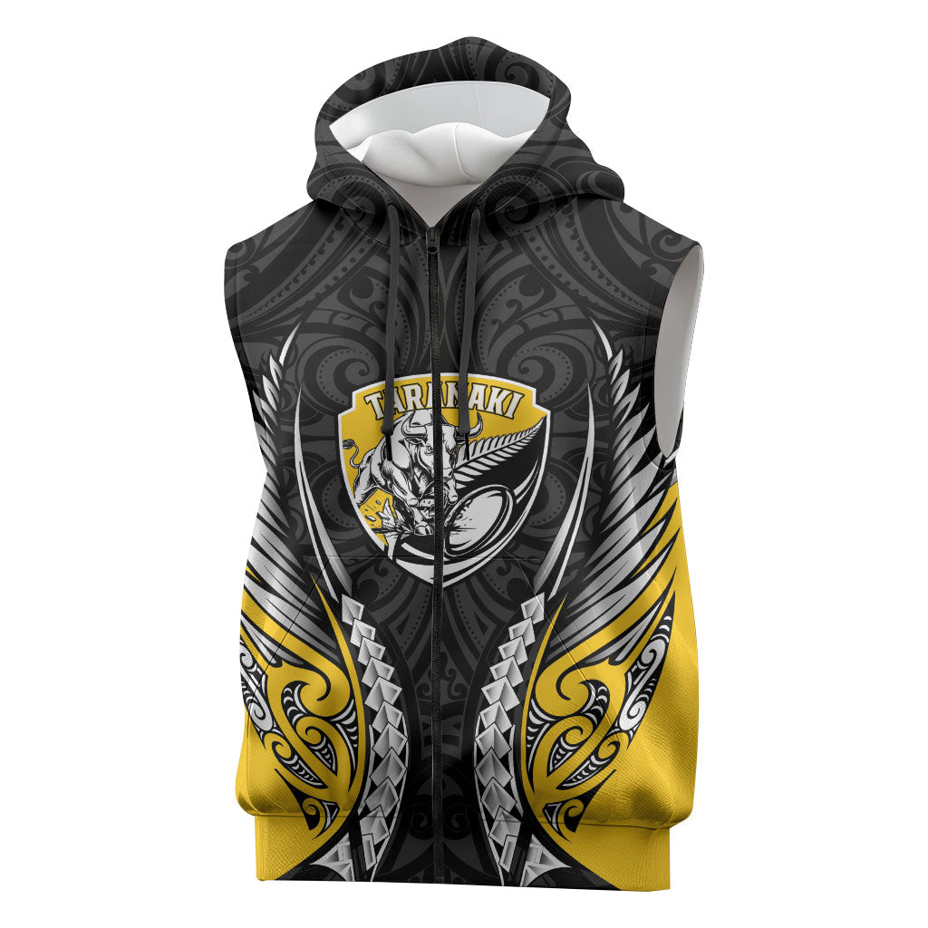 Taranaki 2026 Rugby Custom Sleeveless Zip Hoodie NZ Maori Silver Fern LT14 Black - Polynesian Pride