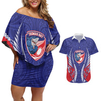 Tasman Bay 2026 Rugby Custom Couples Matching Off Shoulder Short Dress and Hawaiian Shirt NZ Maori Silver Fern