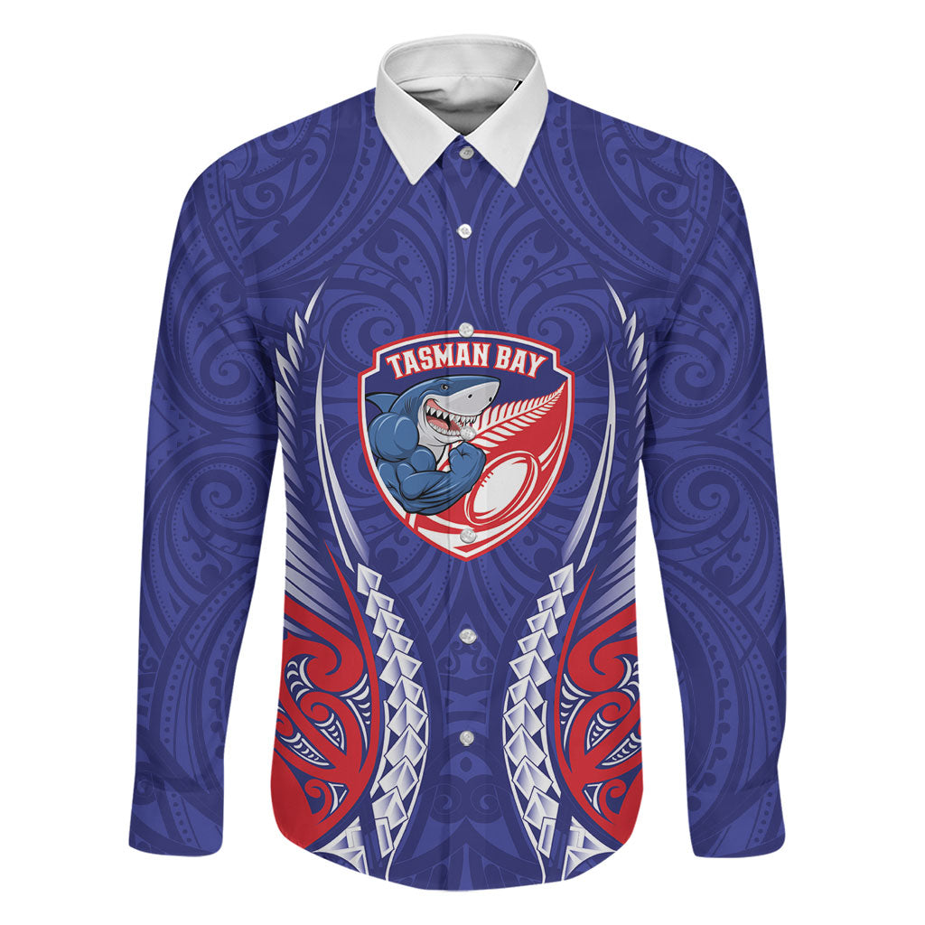Tasman Bay 2026 Rugby Custom Family Matching Off The Shoulder Long Sleeve Dress and Hawaiian Shirt NZ Maori Silver Fern LT14 Dad's Shirt - Long Sleeve Blue - Polynesian Pride