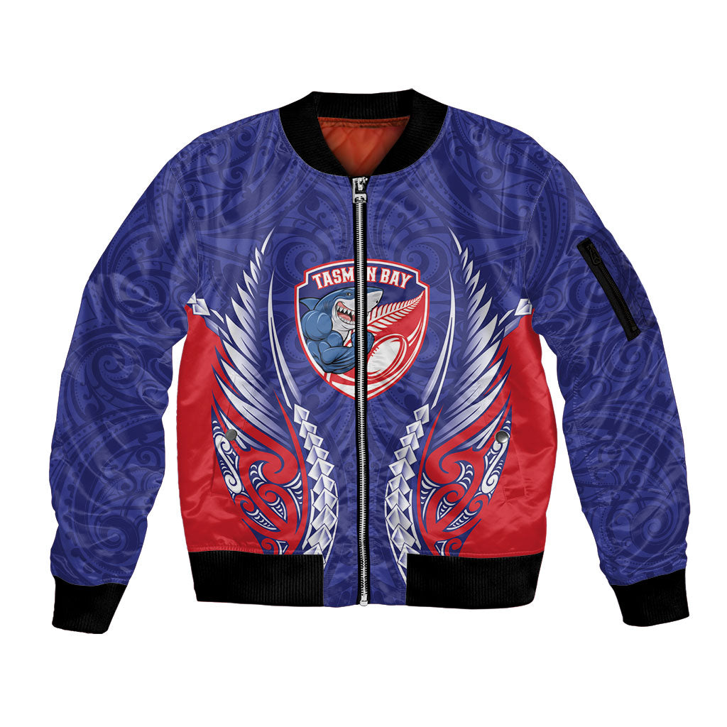Tasman Bay 2026 Rugby Custom Sleeve Zip Bomber Jacket NZ Maori Silver Fern LT14 Unisex Blue - Polynesian Pride