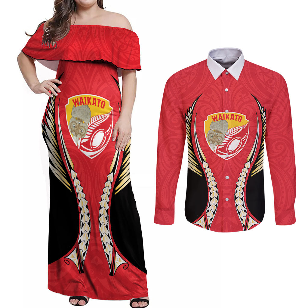 Waikato 2026 Rugby Custom Couples Matching Off Shoulder Maxi Dress and Long Sleeve Button Shirt NZ Maori Silver Fern LT14 Red - Polynesian Pride