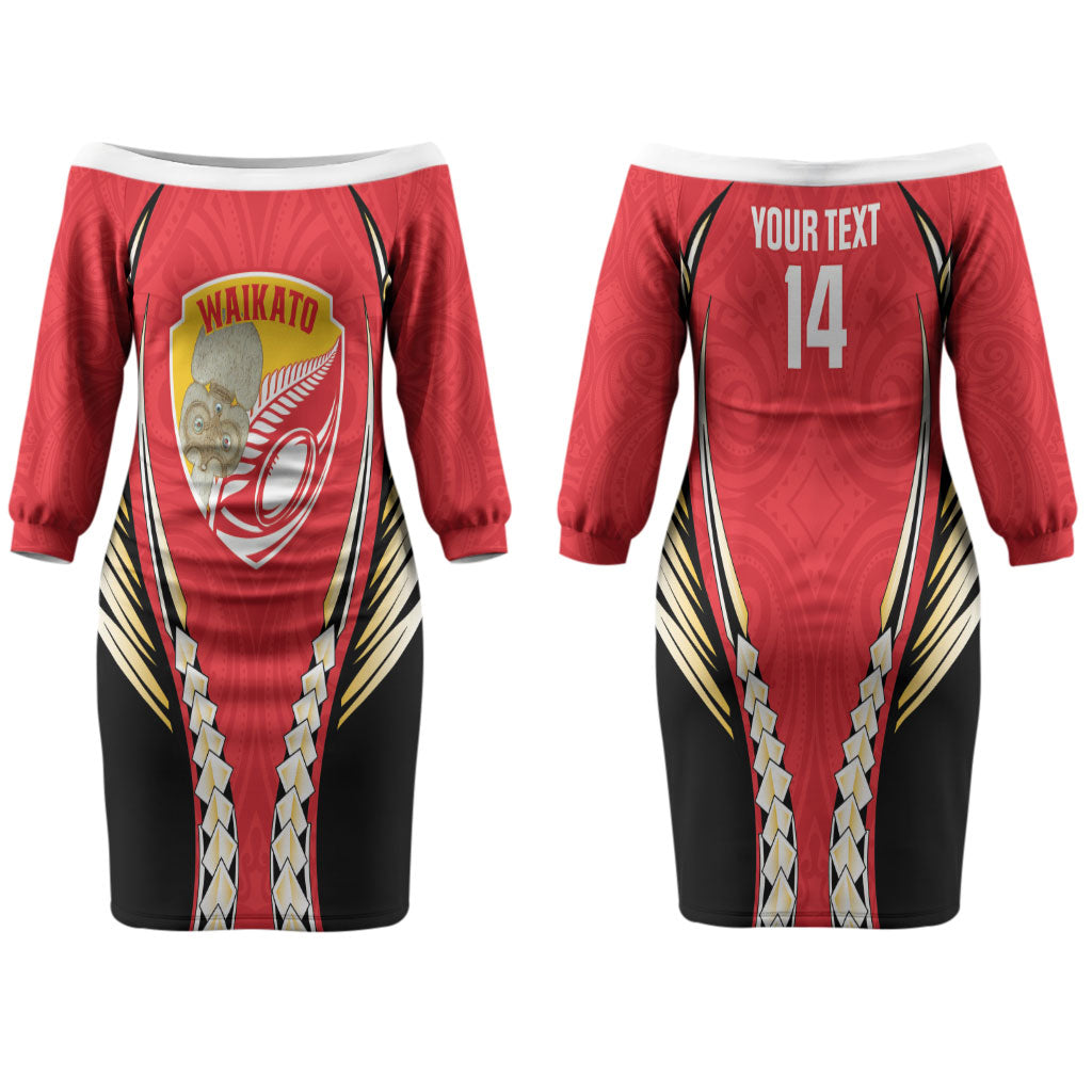 Waikato 2026 Rugby Custom Couples Matching Off The Shoulder Long Sleeve Dress and Long Sleeve Button Shirt NZ Maori Silver Fern LT14 - Polynesian Pride