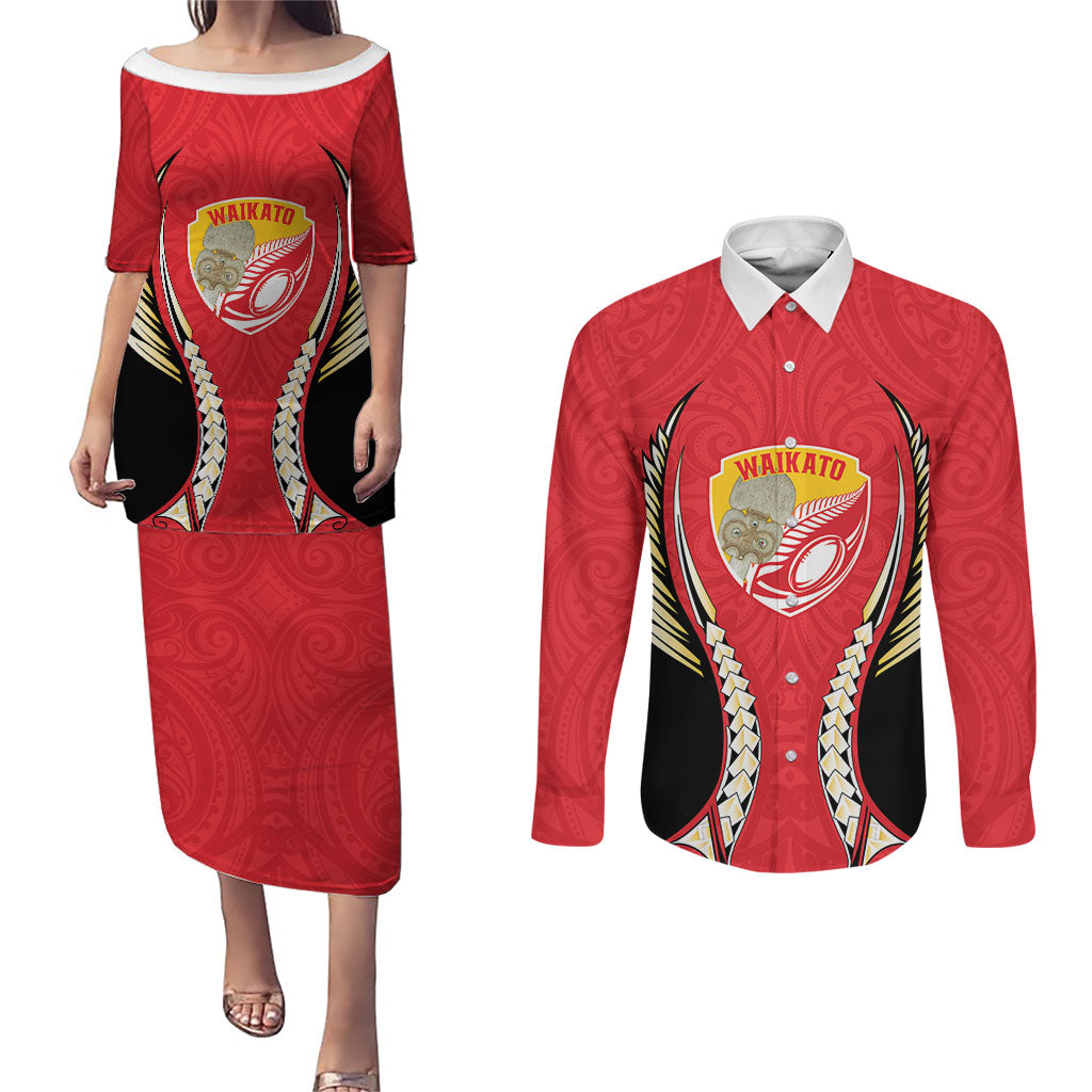 Waikato 2026 Rugby Custom Couples Matching Puletasi and Long Sleeve Button Shirt NZ Maori Silver Fern
