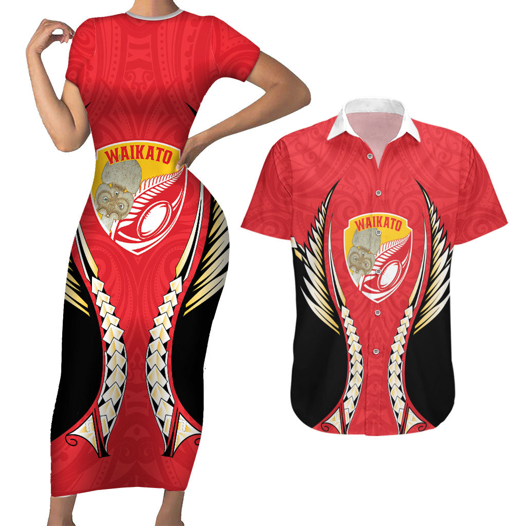 Waikato 2026 Rugby Custom Couples Matching Short Sleeve Bodycon Dress and Hawaiian Shirt NZ Maori Silver Fern LT14 Red - Polynesian Pride
