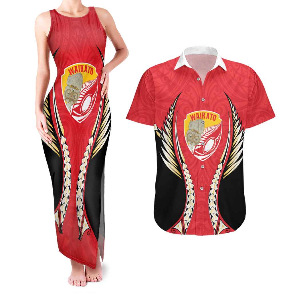 Waikato 2026 Rugby Custom Couples Matching Tank Maxi Dress and Hawaiian Shirt NZ Maori Silver Fern LT14 Red - Polynesian Pride