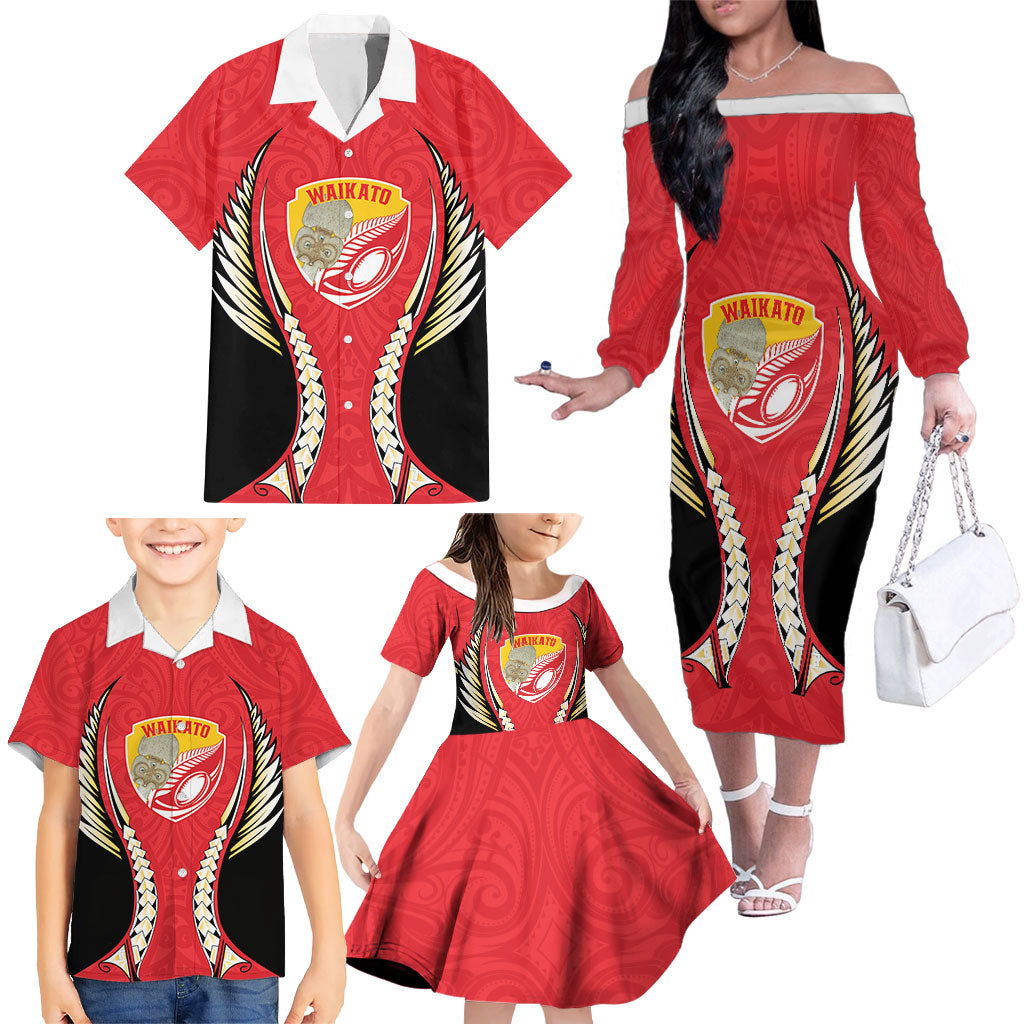 Waikato 2026 Rugby Custom Family Matching Off The Shoulder Long Sleeve Dress and Hawaiian Shirt NZ Maori Silver Fern LT14 - Polynesian Pride
