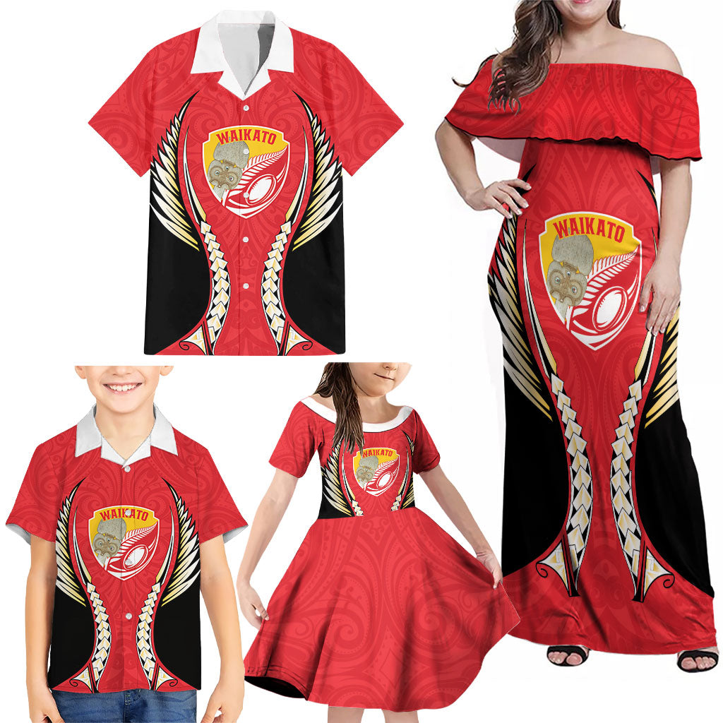 Waikato 2026 Rugby Custom Family Matching Off Shoulder Maxi Dress and Hawaiian Shirt NZ Maori Silver Fern LT14 - Polynesian Pride