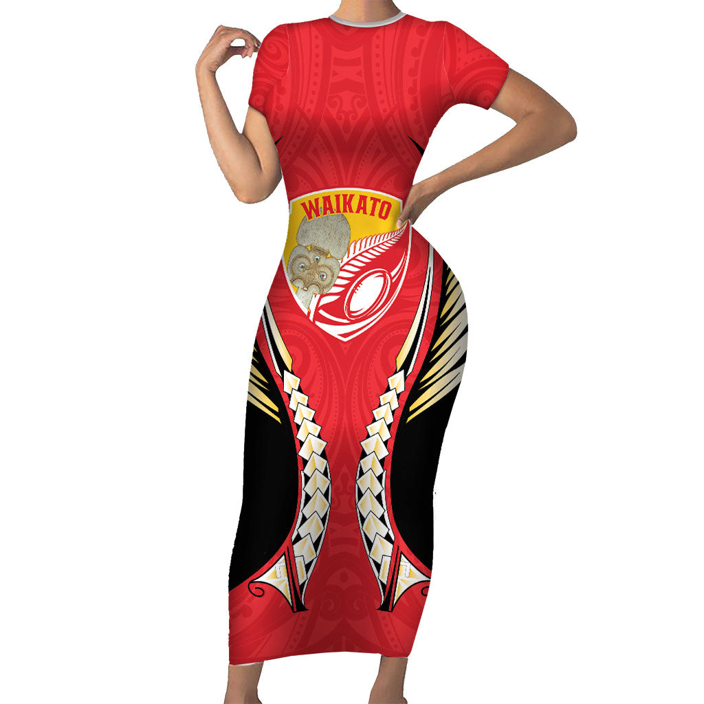 Waikato 2026 Rugby Custom Family Matching Short Sleeve Bodycon Dress and Hawaiian Shirt NZ Maori Silver Fern LT14 Mom's Dress Red - Polynesian Pride