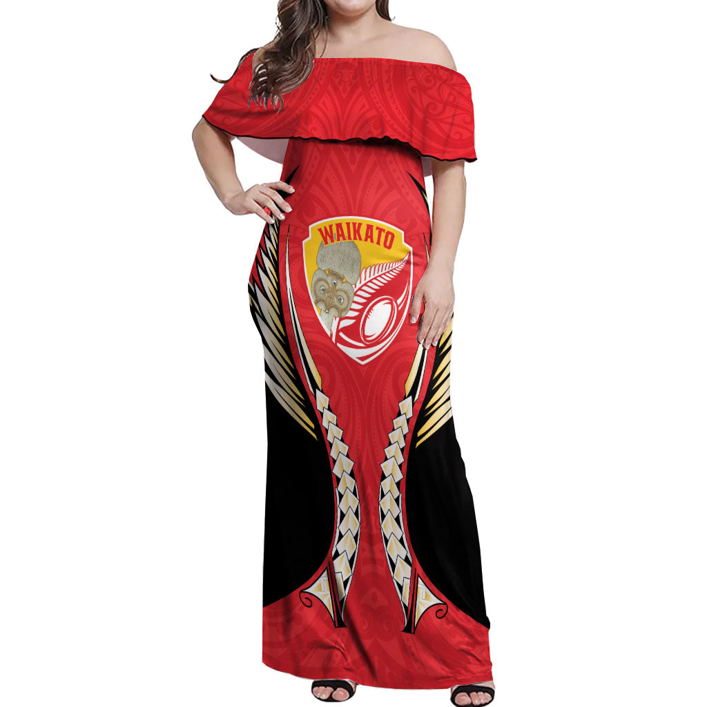 Waikato 2026 Rugby Custom Off Shoulder Maxi Dress NZ Maori Silver Fern LT14 Women Red - Polynesian Pride