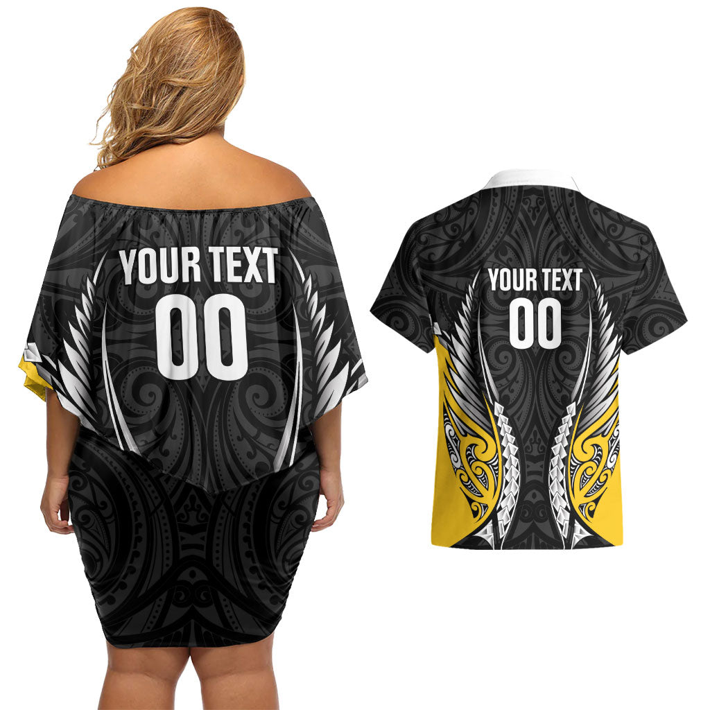 Wellington 2026 Rugby Custom Couples Matching Off Shoulder Short Dress and Hawaiian Shirt NZ Maori Silver Fern