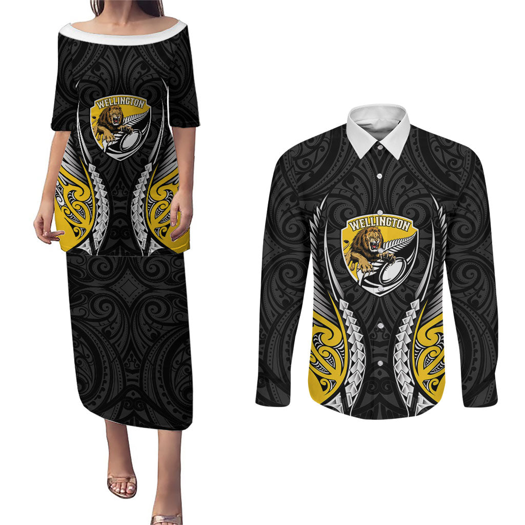 Wellington 2026 Rugby Custom Couples Matching Puletasi and Long Sleeve Button Shirt NZ Maori Silver Fern LT14 Black - Polynesian Pride