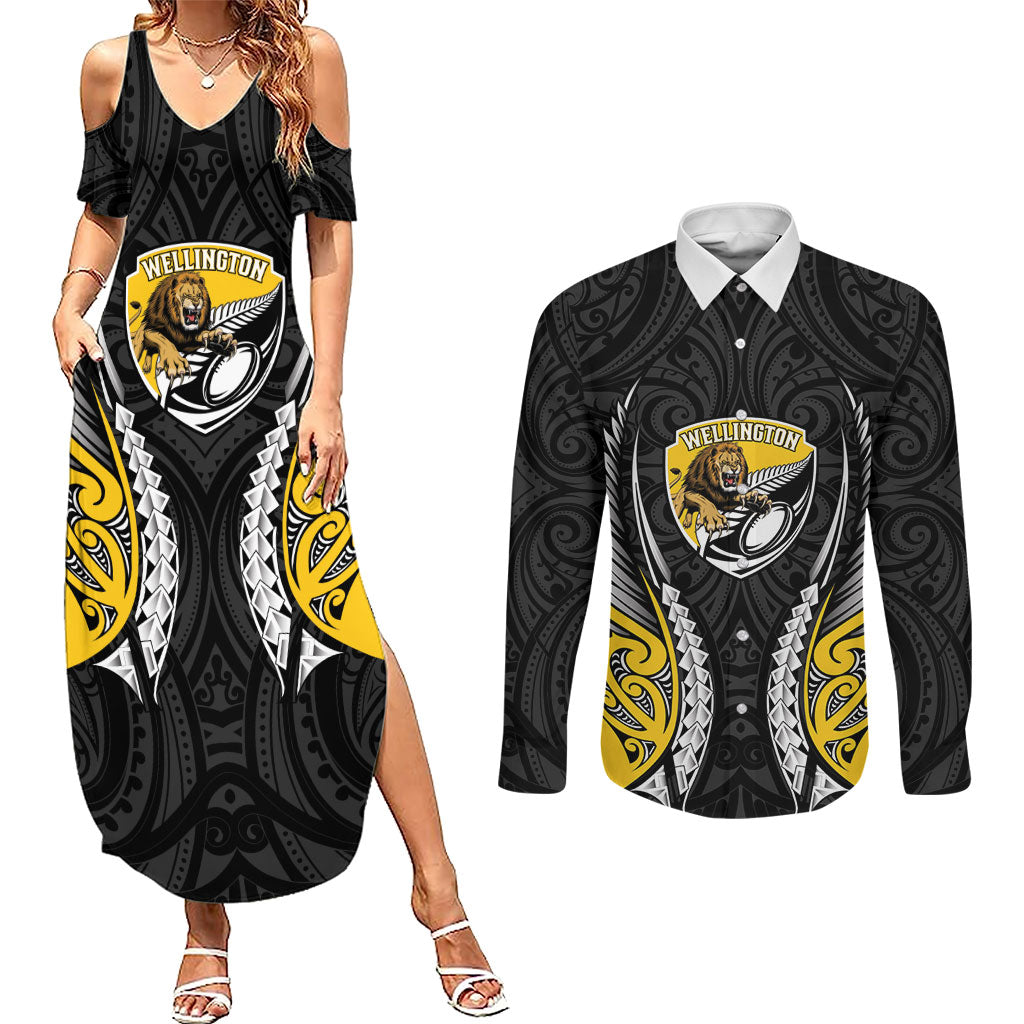 Wellington 2026 Rugby Custom Couples Matching Summer Maxi Dress and Long Sleeve Button Shirt NZ Maori Silver Fern LT14 Black - Polynesian Pride