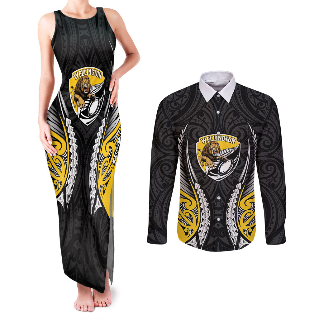 Wellington 2026 Rugby Custom Couples Matching Tank Maxi Dress and Long Sleeve Button Shirt NZ Maori Silver Fern LT14 Black - Polynesian Pride