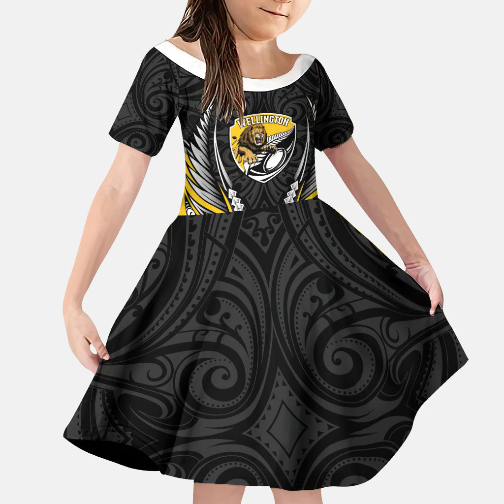Wellington 2026 Rugby Custom Family Matching Short Sleeve Bodycon Dress and Hawaiian Shirt NZ Maori Silver Fern LT14 Daughter's Dress Black - Polynesian Pride