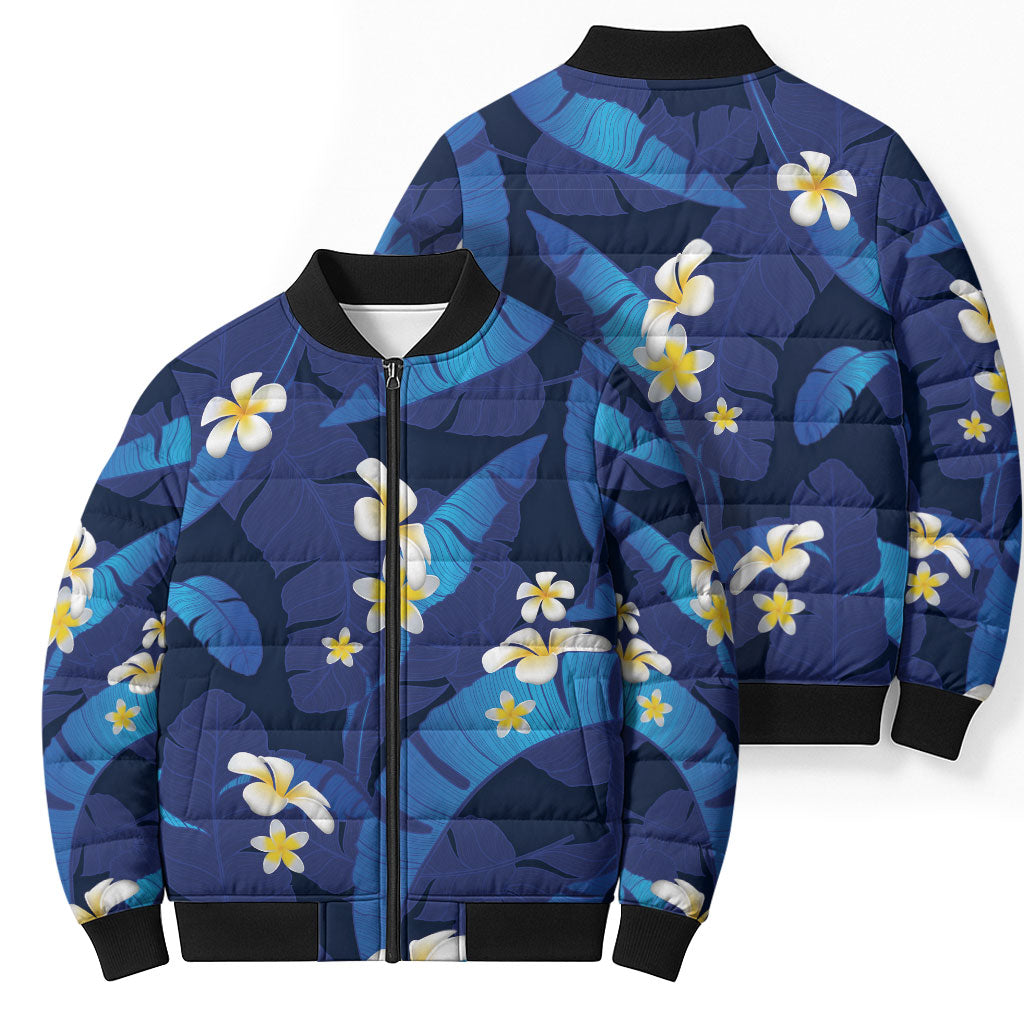 Teal Purple Banana Leaf Hawaii Bomber Puffer Jacket Lau Maia Plumeria Tropical Summer Vibes