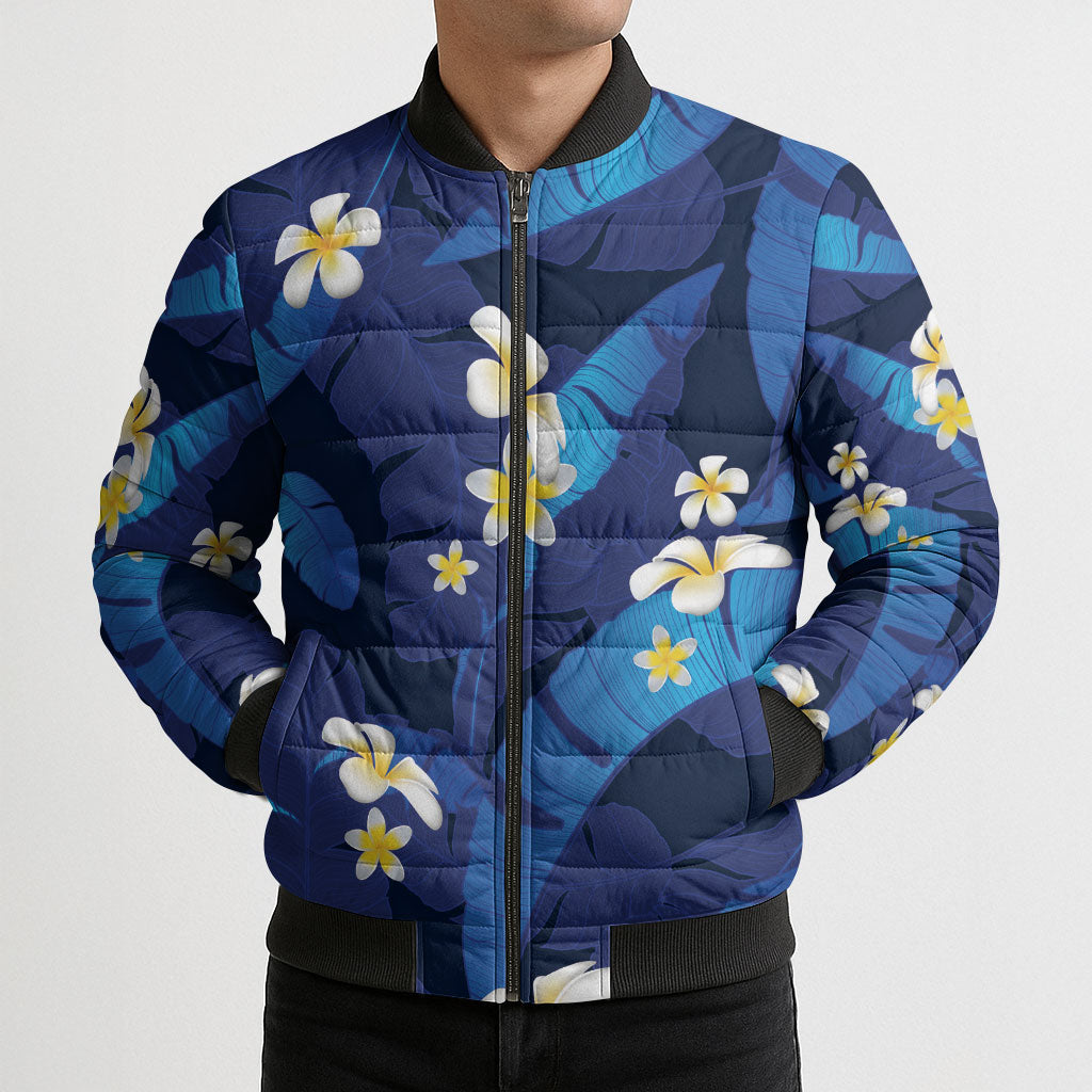Teal Purple Banana Leaf Hawaii Bomber Puffer Jacket Lau Maia Plumeria Tropical Summer Vibes