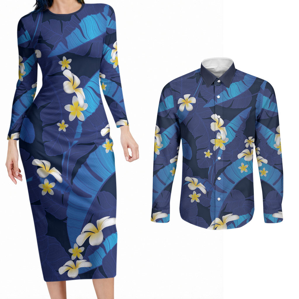 Teal Purple Banana Leaf Hawaii Couples Matching Long Sleeve Bodycon Dress and Long Sleeve Button Shirt Lau Maia Plumeria Tropical Summer Vibes