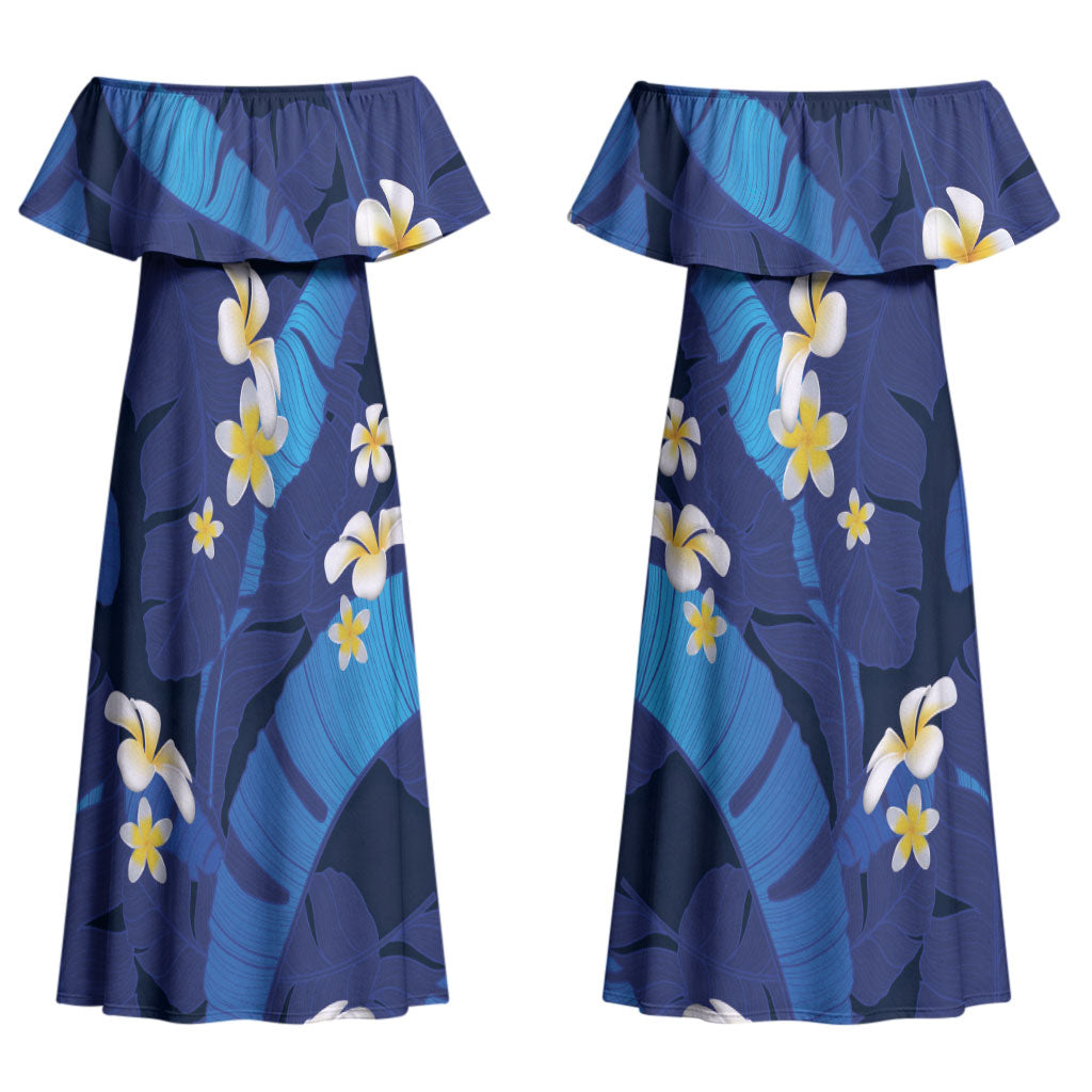 Teal Purple Banana Leaf Hawaii Couples Matching Off Shoulder Maxi Dress and Hawaiian Shirt Lau Maia Plumeria Tropical Summer Vibes