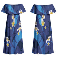 Teal Purple Banana Leaf Hawaii Couples Matching Off Shoulder Maxi Dress and Long Sleeve Button Shirt Lau Maia Plumeria Tropical Summer Vibes