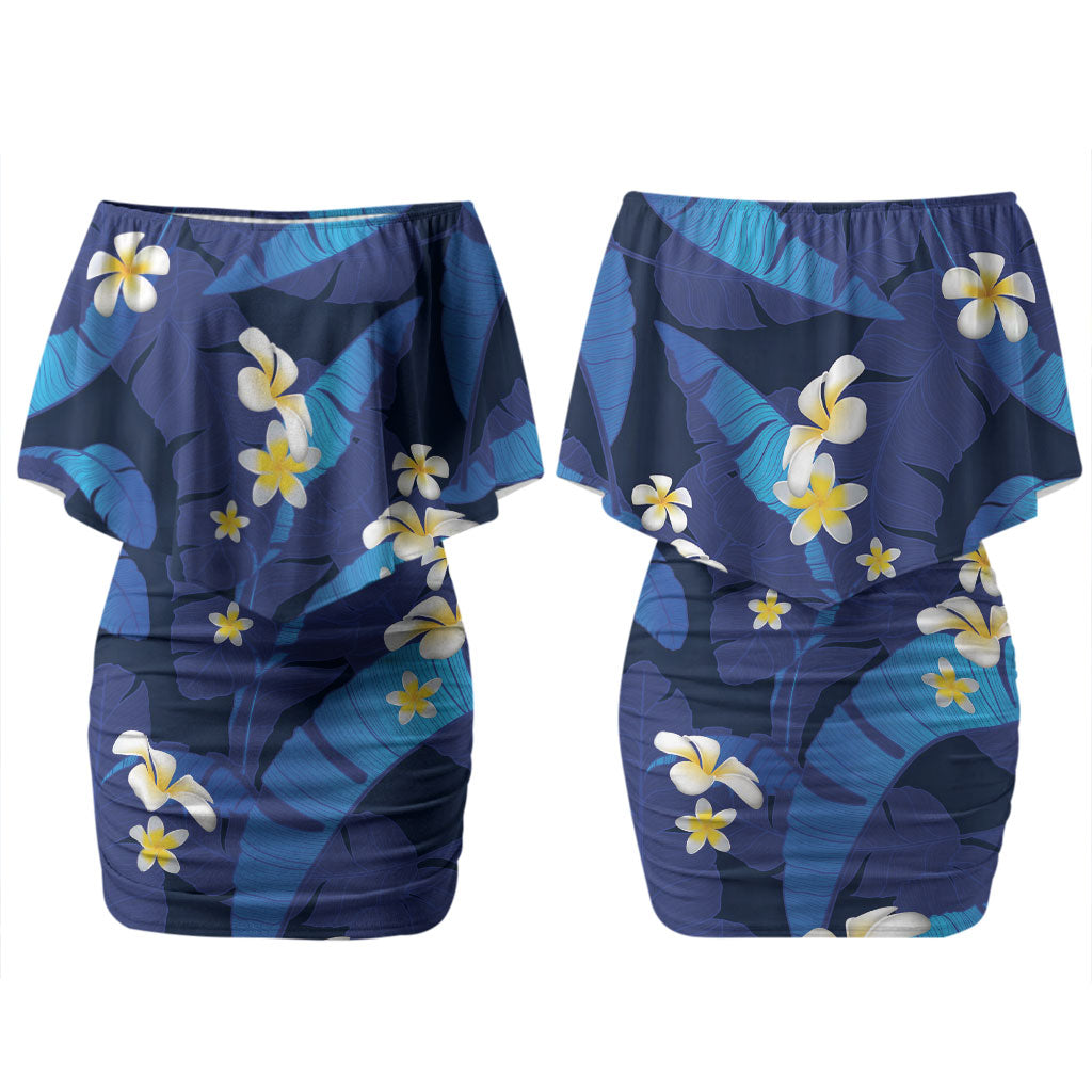 Teal Purple Banana Leaf Hawaii Couples Matching Off Shoulder Short Dress and Hawaiian Shirt Lau Maia Plumeria Tropical Summer Vibes