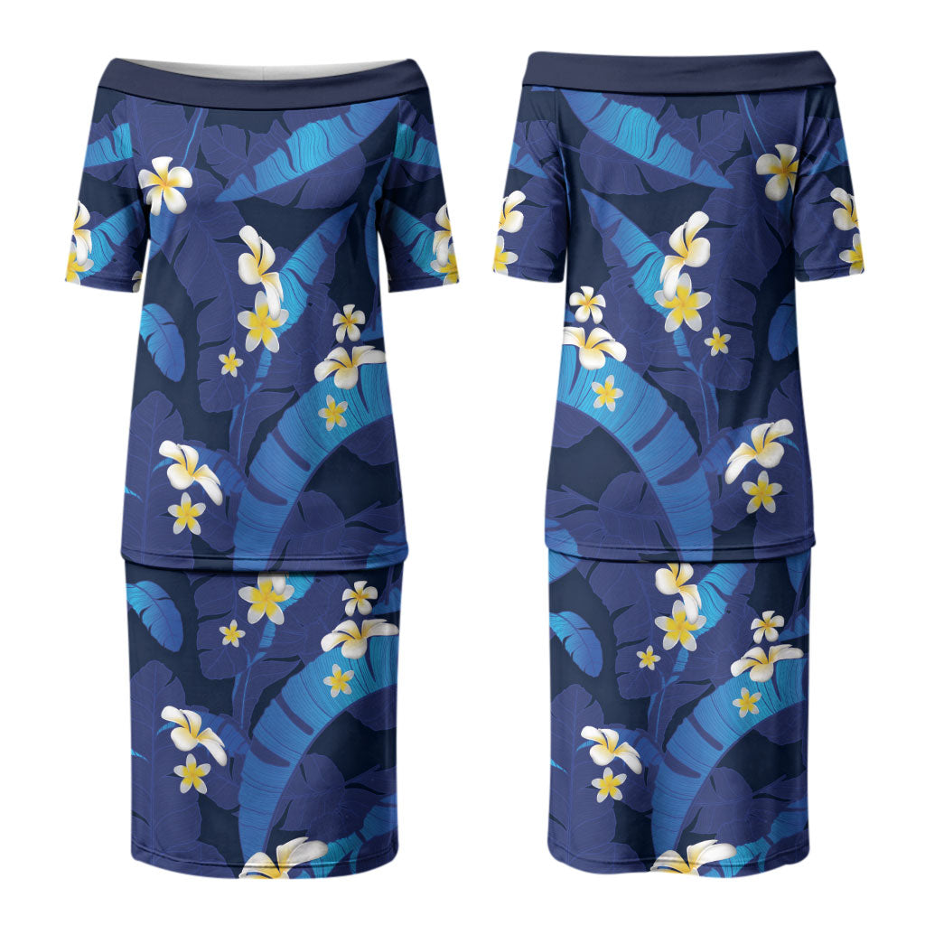 Teal Purple Banana Leaf Hawaii Couples Matching Puletasi and Hawaiian Shirt Lau Maia Plumeria Tropical Summer Vibes
