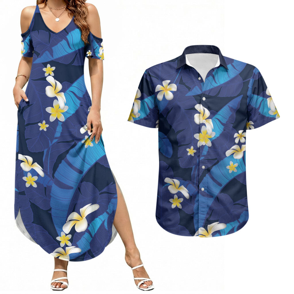 Teal Purple Banana Leaf Hawaii Couples Matching Summer Maxi Dress and Hawaiian Shirt Lau Maia Plumeria Tropical Summer Vibes