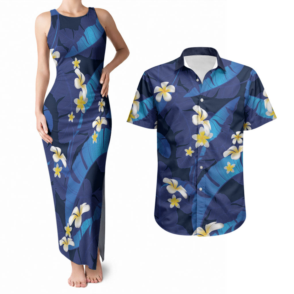 Teal Purple Banana Leaf Hawaii Couples Matching Tank Maxi Dress and Hawaiian Shirt Lau Maia Plumeria Tropical Summer Vibes