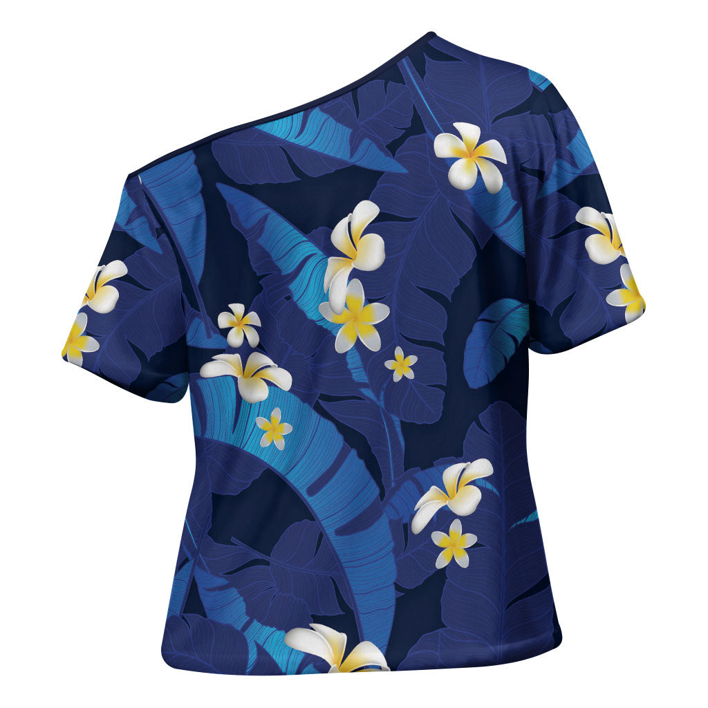 Teal Purple Banana Leaf Hawaii Cross Shoulder Shirt Lau Maia Plumeria Tropical Summer Vibes