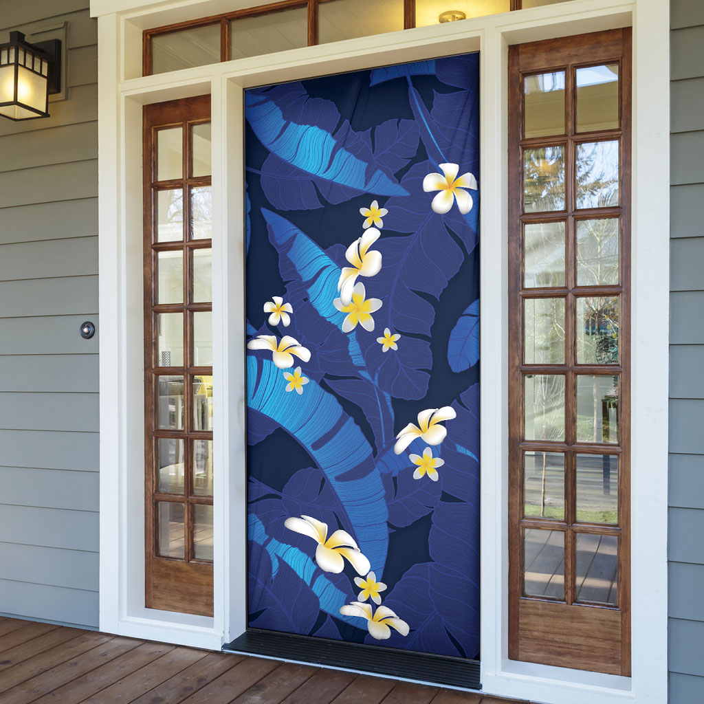 Teal Purple Banana Leaf Hawaii Door Cover Lau Maia Plumeria Tropical Summer Vibes