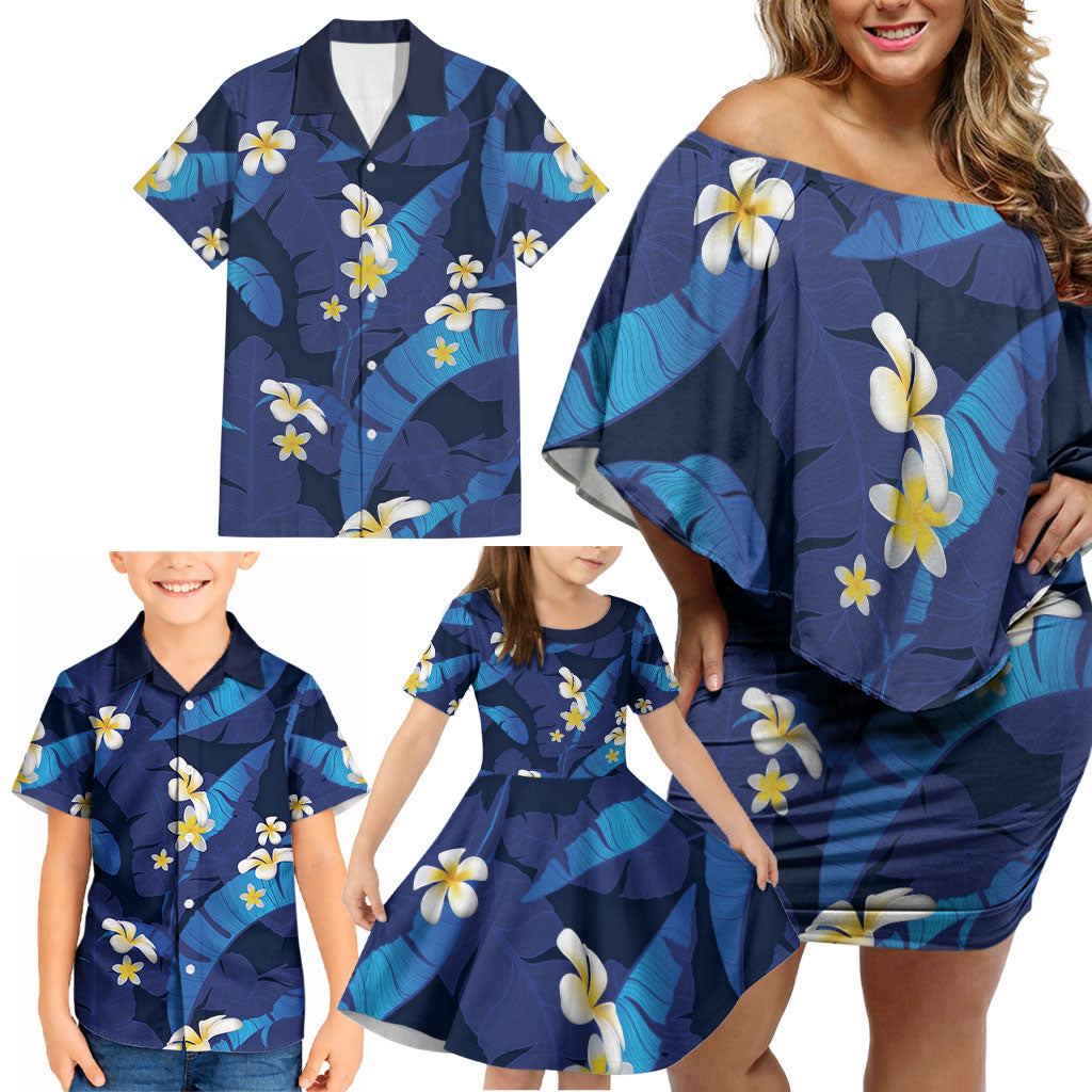 Teal Purple Banana Leaf Hawaii Family Matching Off Shoulder Short Dress and Hawaiian Shirt Lau Maia Plumeria Tropical Summer Vibes